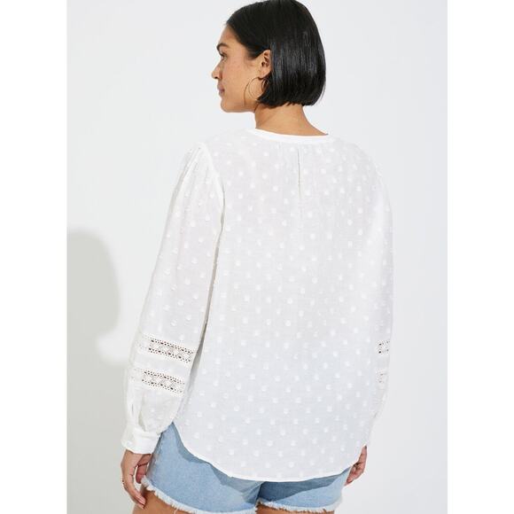 Torrid Cotton Clip Dot Collarless Lace Trim Long Sleeve Top White Plus Size 1 1X - Picture 5 of 9